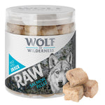 Load image into Gallery viewer, Wolf of Wilderness raw salmon fillet snack container with a wolf on the label

