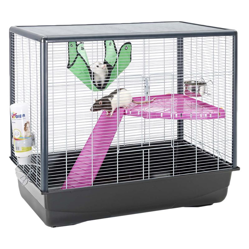 Pet cage with a pink platform and green climbing structure on a white background