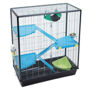Pet cage with blue and green platforms on a white background