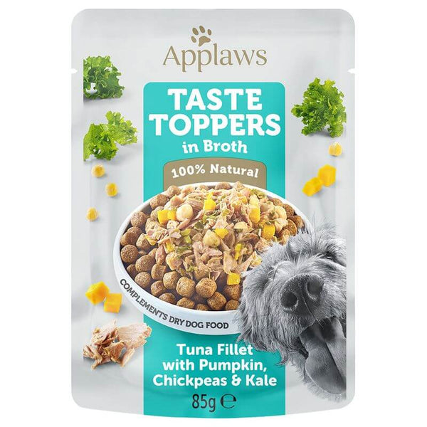 Pack of Applaws Taste Toppers in Broth for dogs with tuna, pumpkin, chickpeas, and kale.