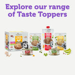 Load image into Gallery viewer, Assorted packages of Applaws Taste Toppers pet food on a white background with text &#39;Explore our range of Taste Toppers&#39;.
