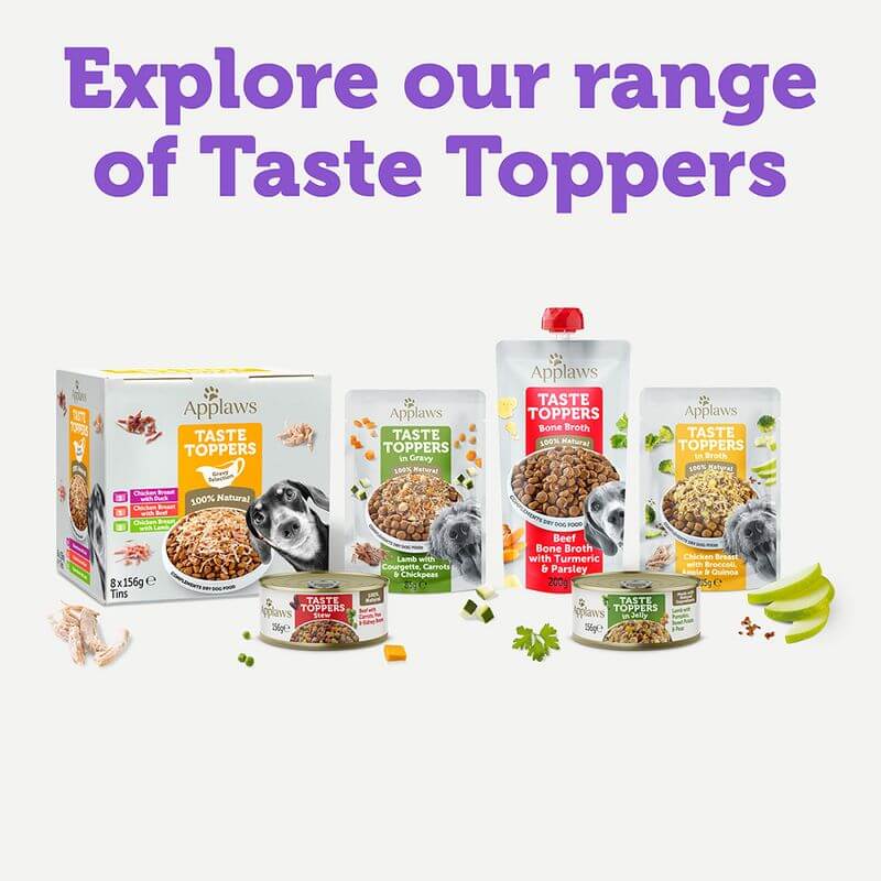 Assorted packages of Applaws Taste Toppers pet food on a white background with text 'Explore our range of Taste Toppers'.