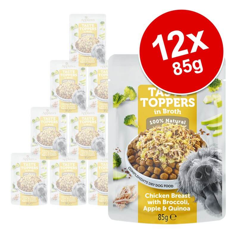 Packaging of Tastoppers dog food with a red circle indicating 12 packs of 85g.