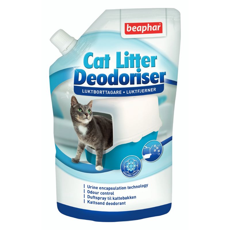 Beaphar Cat Litter Deodoriser packaging with a cat on a white background