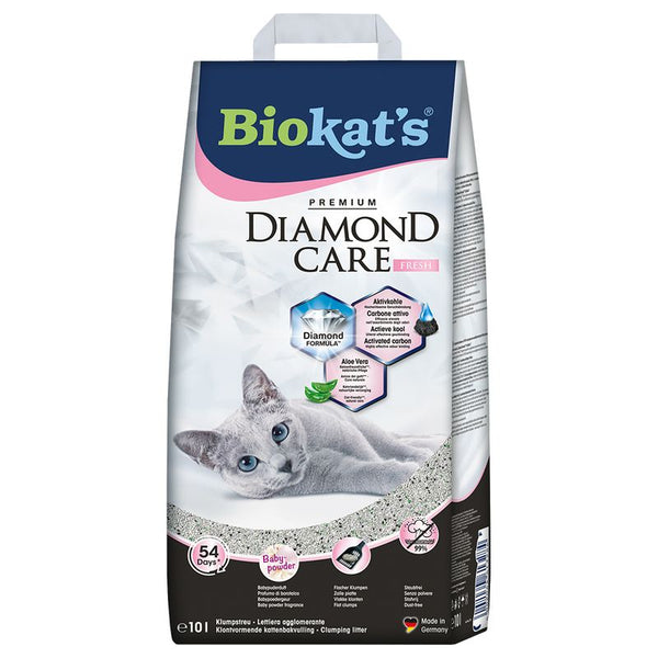 Biokat's Diamond Care cat litter packaging with a cat on the label.
