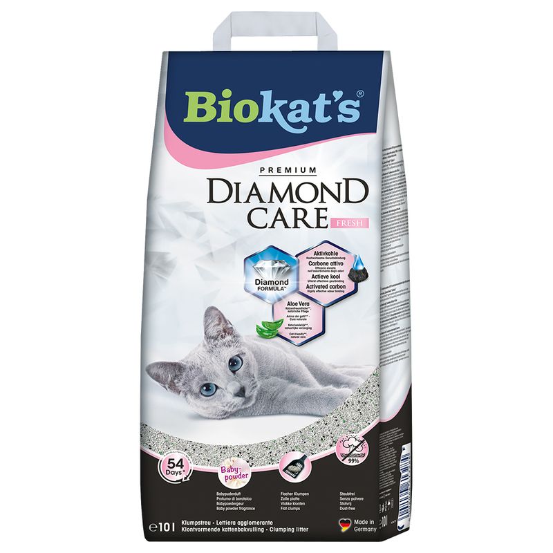 Biokat's Diamond Care cat litter packaging with a cat on the label.