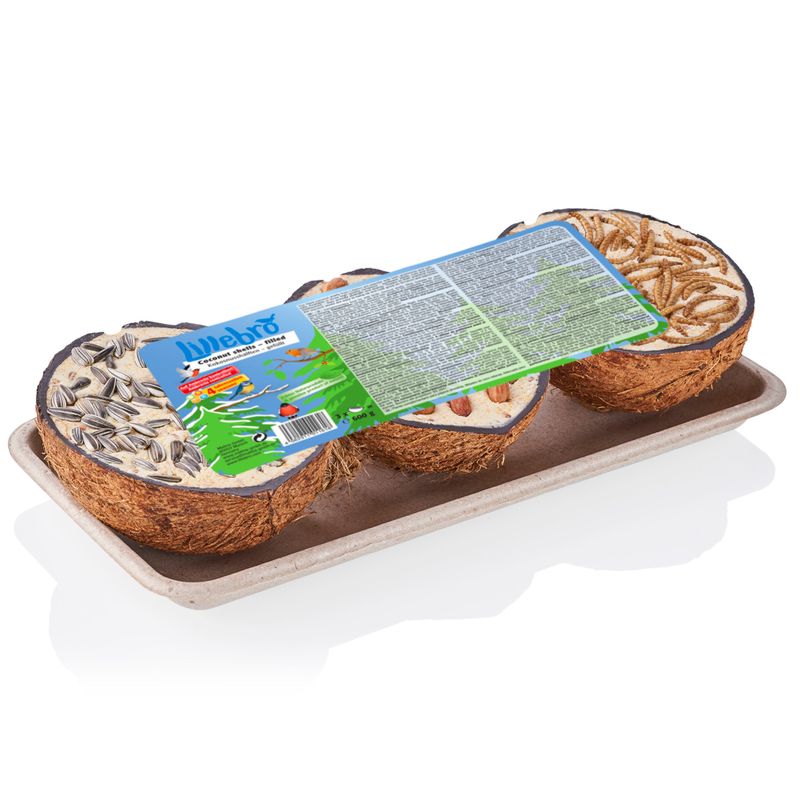 Three bird feeders on a tray with packaging on a white background
