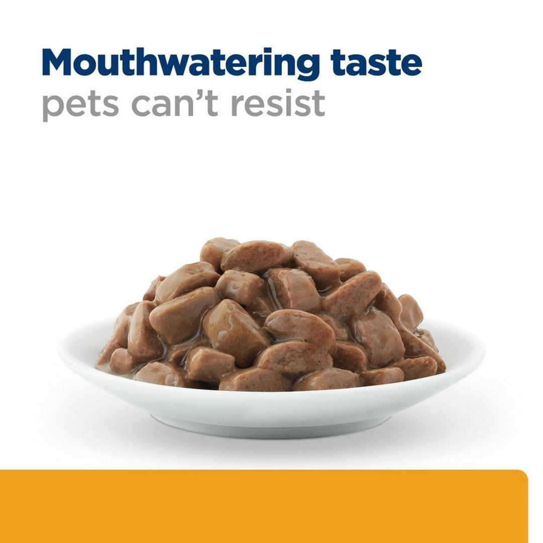 Dog food in a bowl with 'Mouthwatering taste pets can't resist' text on a white background