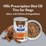 Hills Prescription Diet CD Tins for Dogs with a dog and bowl of stew on a brown background