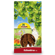 JR Farm bird food package with parrots and green leaves on a white background