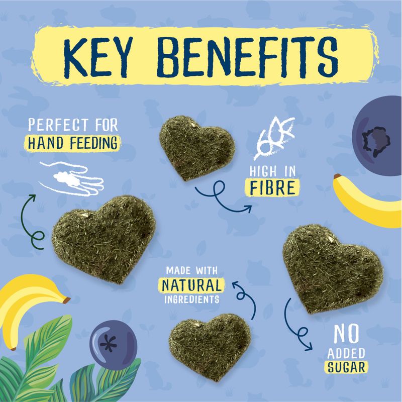Key benefits of heart-shaped treats on a blue background with illustrations of bananas and other elements.