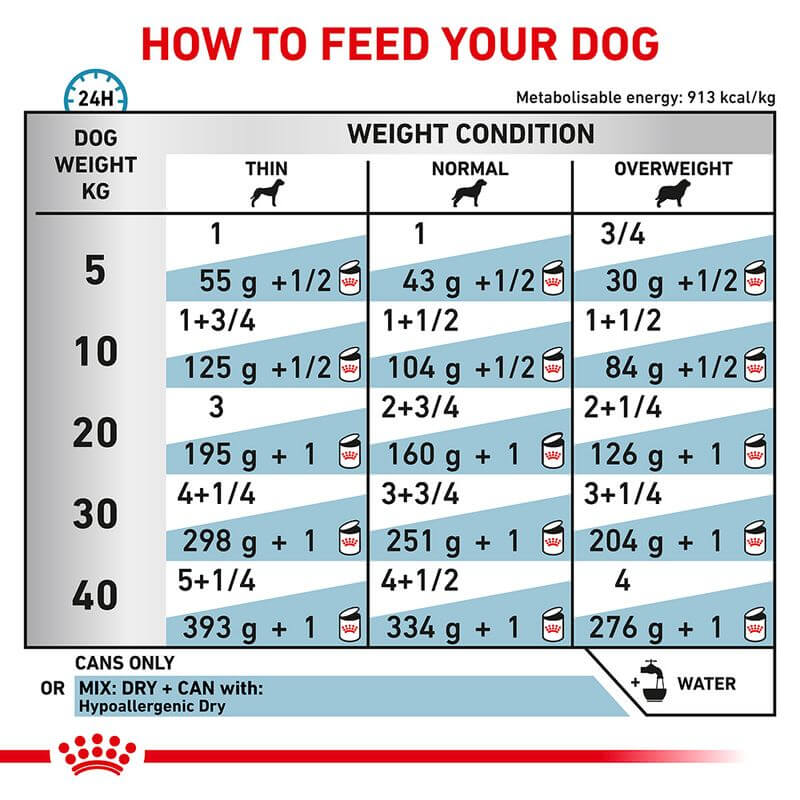 Feeding chart for dogs showing recommended food amounts based on weight and condition.