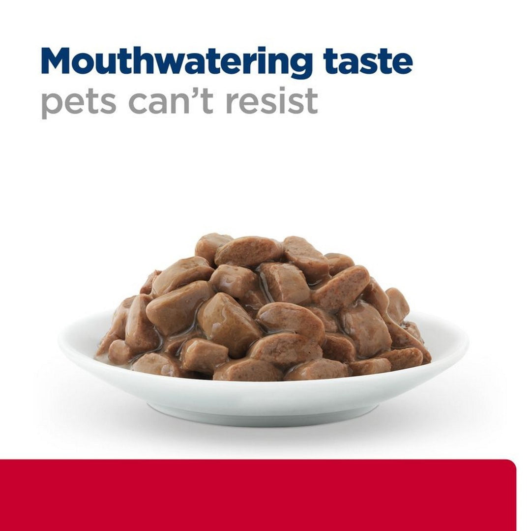 Dog food in a bowl with text 'Mouthwatering taste pets can't resist' on a white background
