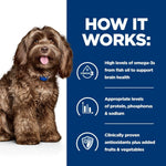 Load image into Gallery viewer, Dog with text explaining omega-3s, protein, phosphorus, sodium, antioxidants, and added fruits &amp; vegetables for brain health.
