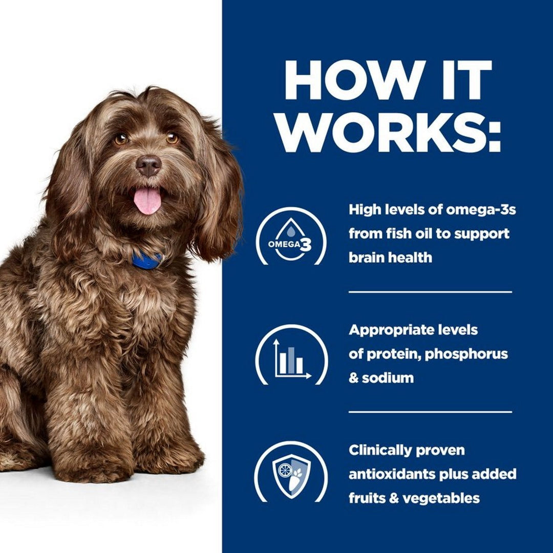 Dog with text explaining omega-3s, protein, phosphorus, sodium, antioxidants, and added fruits & vegetables for brain health.