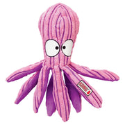 Pink plush octopus toy with a visible brand logo on a white background