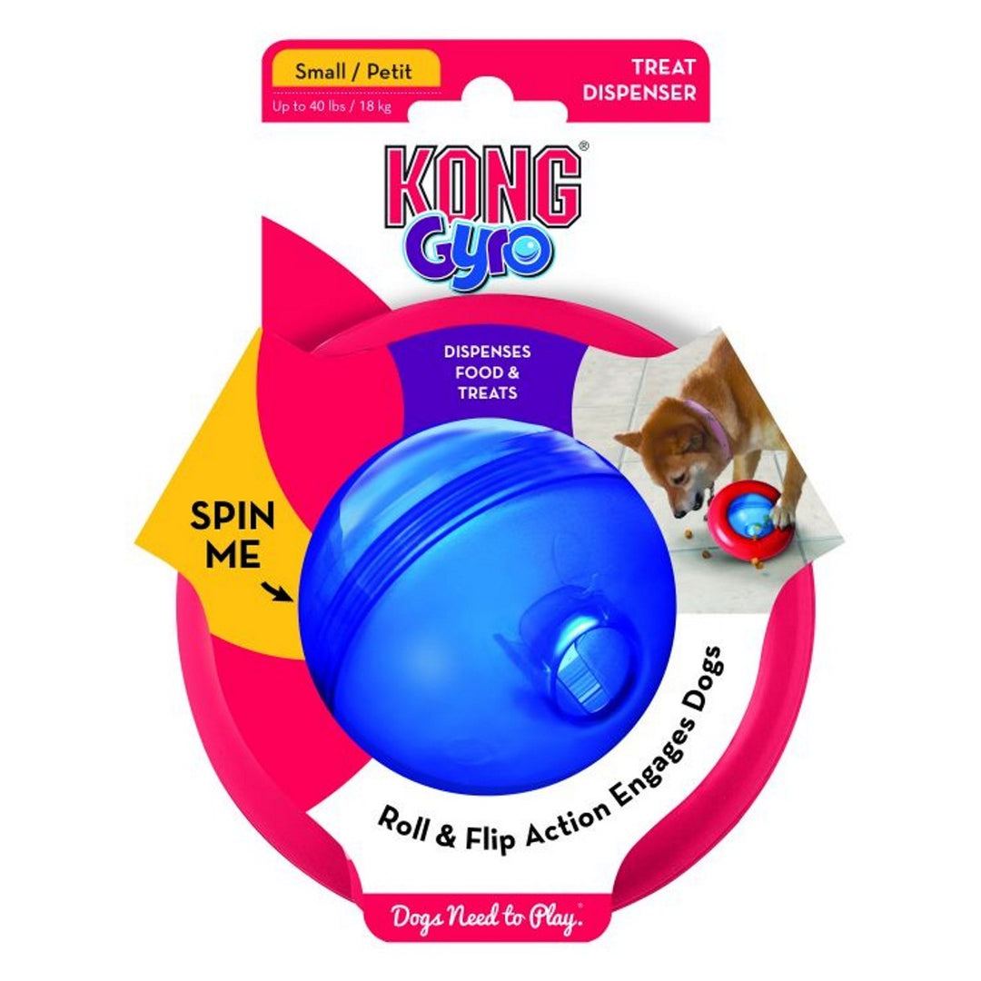 Kong Gyro dog toy packaging with blue ball and pink base on a white background