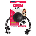 Load image into Gallery viewer, KONG Ball dog toy with black rubber ball and black rope on packaging
