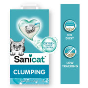Sanicat clumping cat litter packaging with a cat's face and product features on a white background