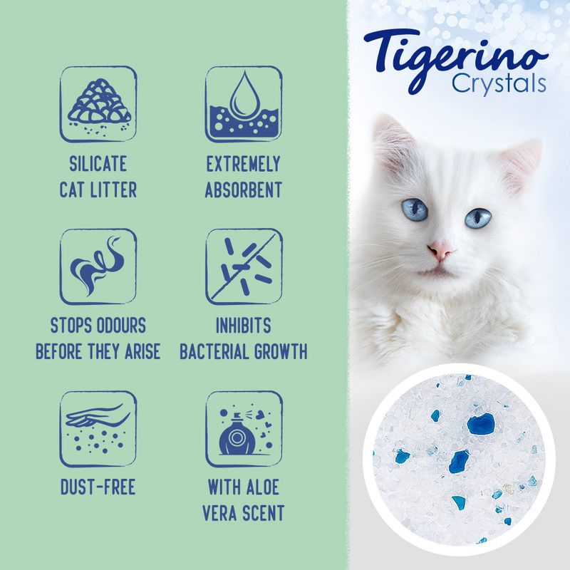 Tigerino Crystals cat litter packaging with a white cat and product features on a green background