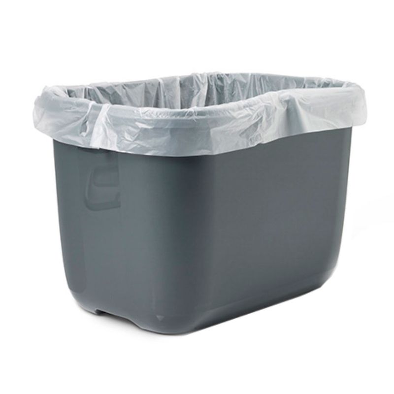 Gray trash bin with a plastic bag on a white background
