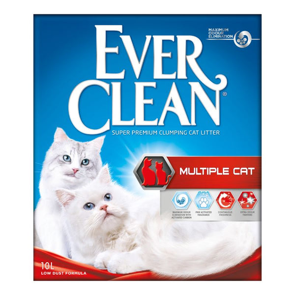 Ever Clean multiple cat litter packaging with two white cats on a blue background