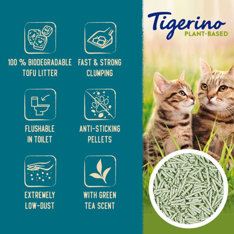 Tigerino plant-based cat litter packaging with features and images of cats.