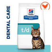 Hills Prescription Diet t/d dental care cat food bag with a cat on it