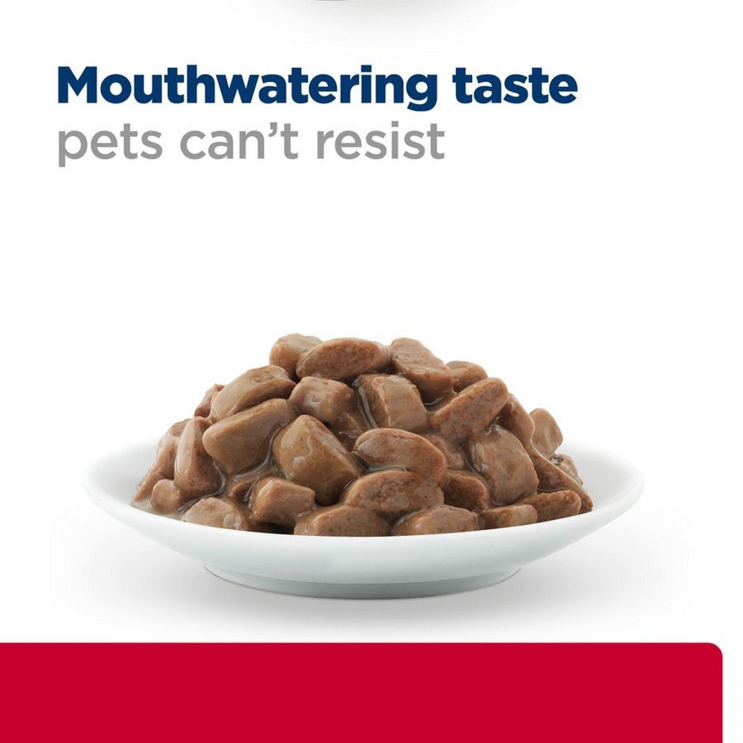Dog food in a bowl with text 'Mouthwatering taste pets can't resist' on a white background