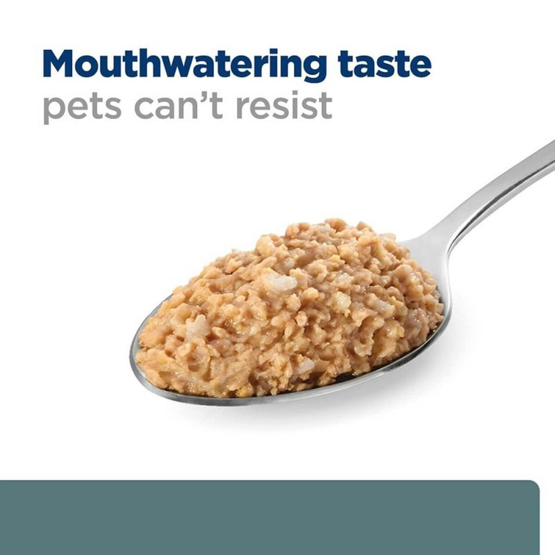Spoonful of pet food with text 'Mouthwatering taste pets can't resist' on a white background