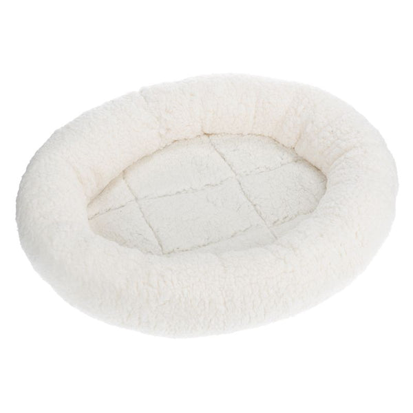 Round white pet bed on a white background