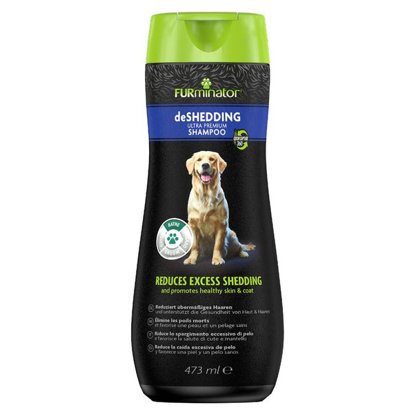 Furminator deshedding shampoo bottle for dogs on a white background