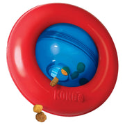Red and blue KONG dog toy with treats on a white background