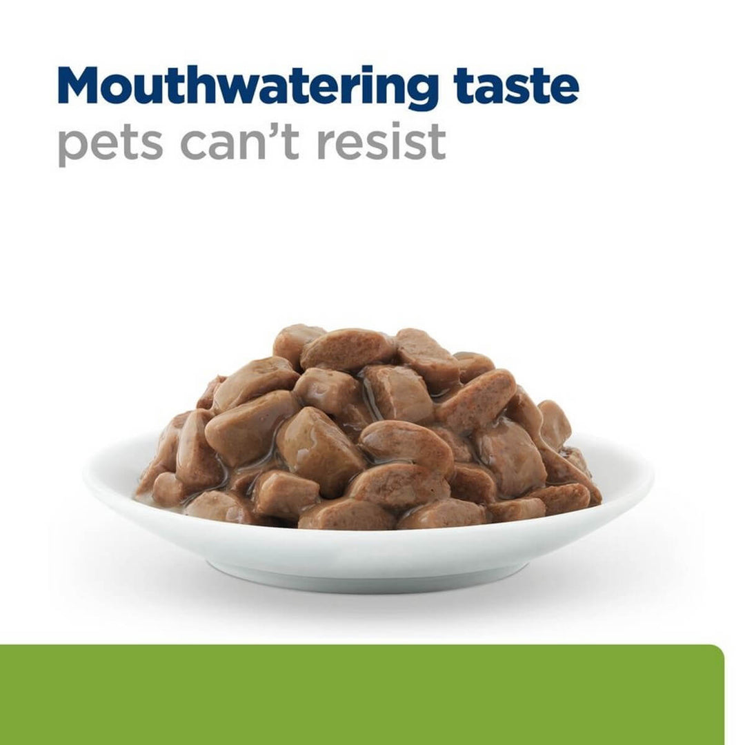 Dog food in a bowl with text 'Mouthwatering taste pets can't resist' on a white background