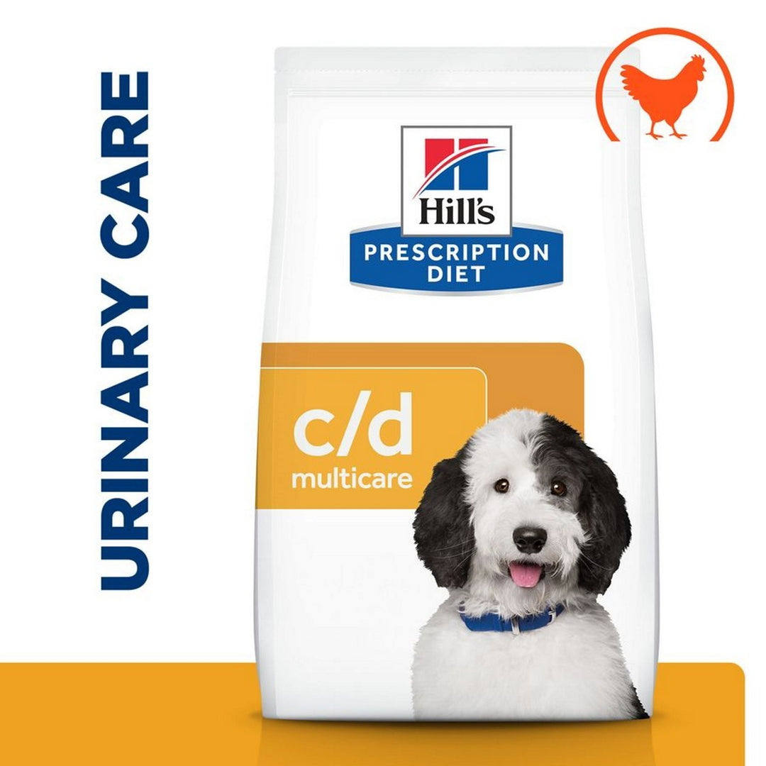 Hills Prescription Diet c/d multicare urinary care dog food package with a dog on the label.