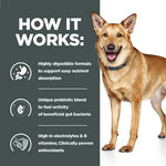 Load image into Gallery viewer, Dog standing next to a text panel explaining a highly digestible formula for easy nutrient absorption.
