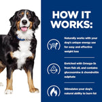Load image into Gallery viewer, Dog standing next to a blue informational panel about weight loss supplement for dogs.
