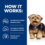 Load image into Gallery viewer, Dog with text on a blue background about protein levels, copper content, and antioxidants.
