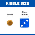 Load image into Gallery viewer, Comparison of kibble size with a blue dice and measurements on a white background
