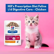 Hill's Prescription Diet Feline i/d Digestive Care chicken food package with a kitten on a pink background