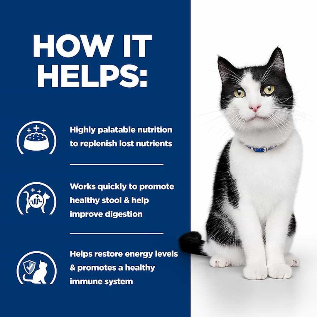 Cat sitting next to a list of benefits on a blue background