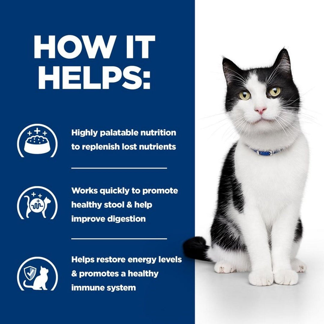 Cat sitting next to a list of benefits on a blue background