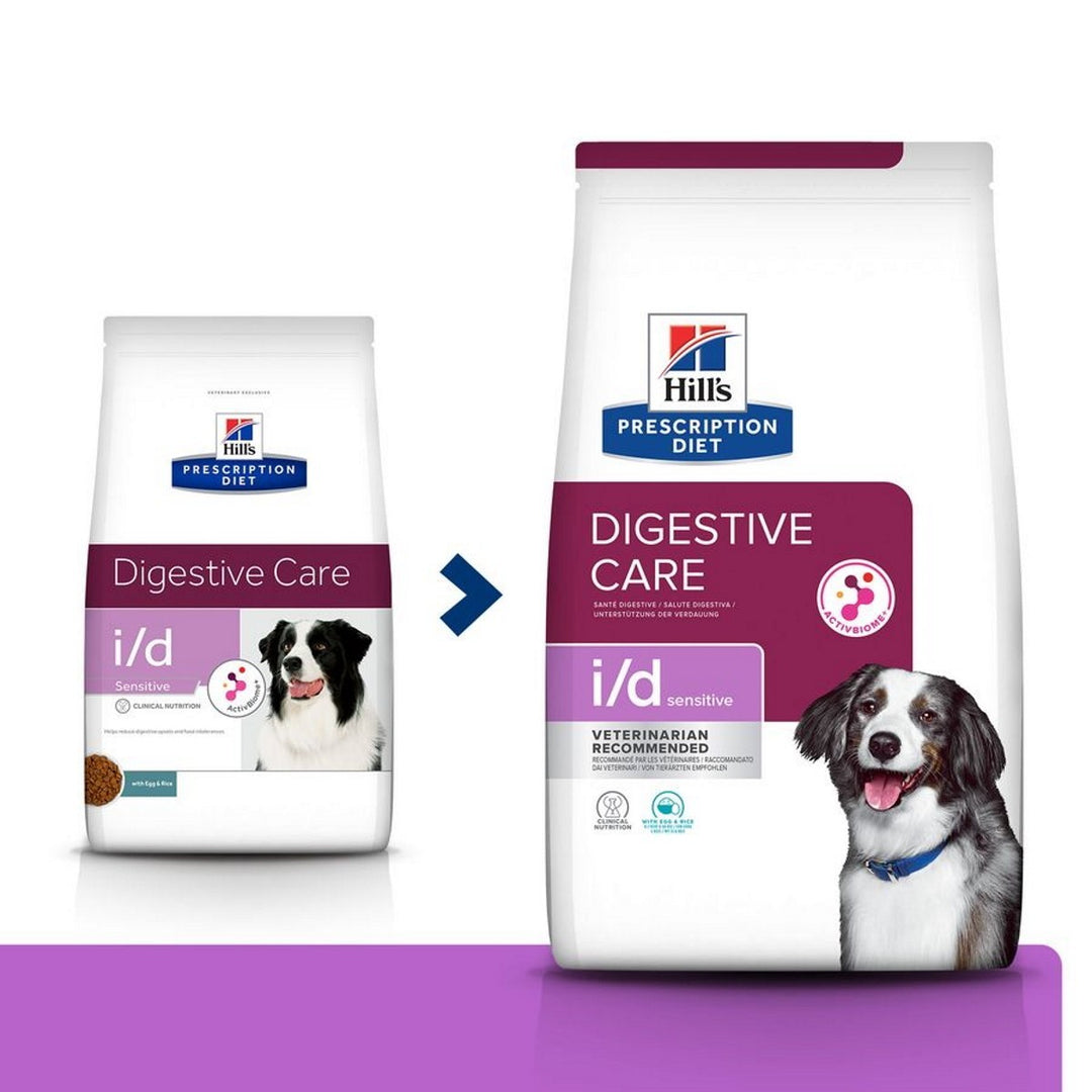 Two packages of Hills Prescription Diet Digestive Care i/d dog food on a white background