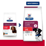 Two packages of Hills Prescription Diet i/d Digestive Care dog food on a white background with a red stripe at the bottom.