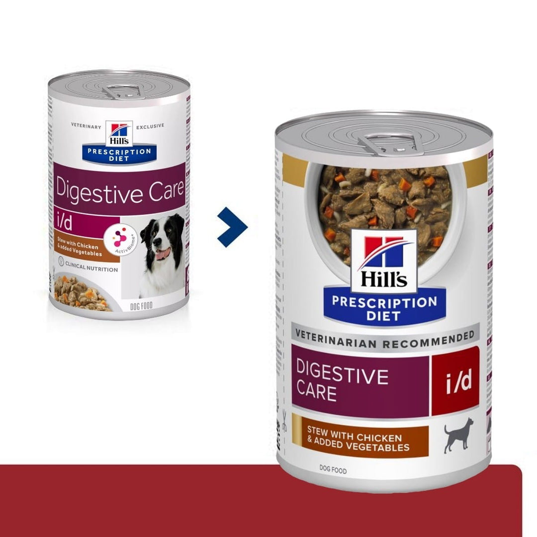 Two cans of Hill's Prescription Diet Digestive Care i/d dog food on a white background.