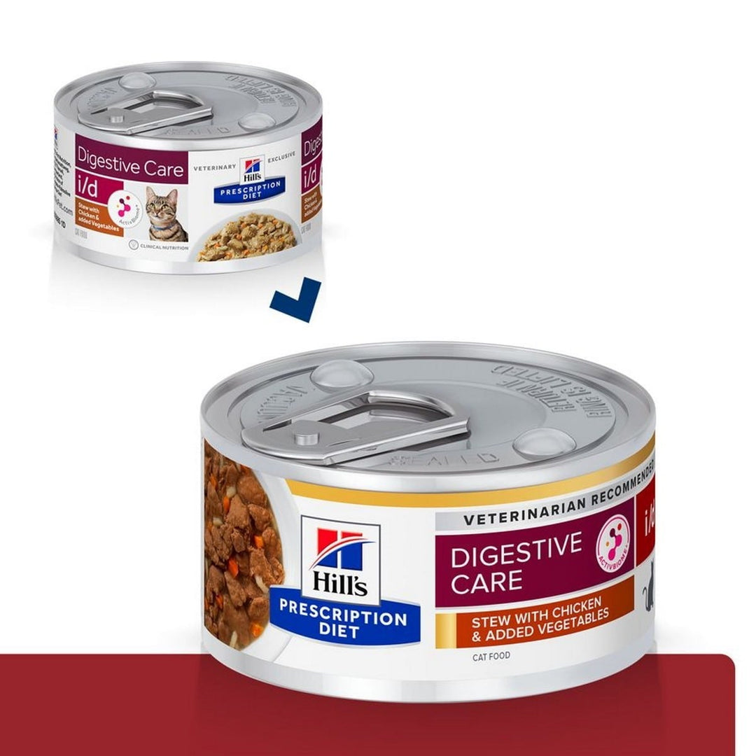 Two cans of Hills Prescription Diet Digestive Care cat food on a white background