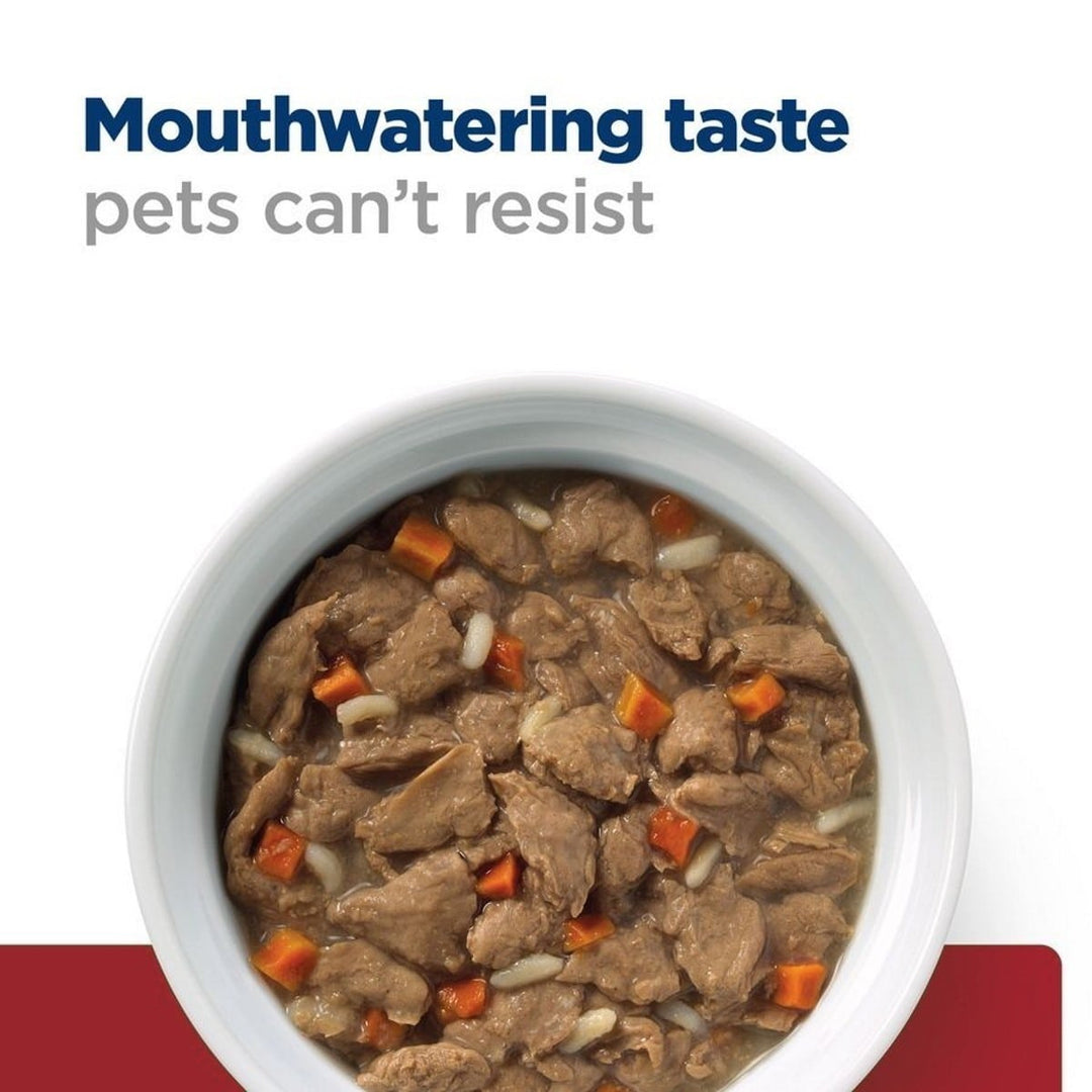 Pet food in a bowl with text 'Mouthwatering taste pets can't resist' on a white background