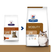 Two Hill's Prescription Diet cat food packages, one for Joint Care and the other for Mobility, on a white background.
