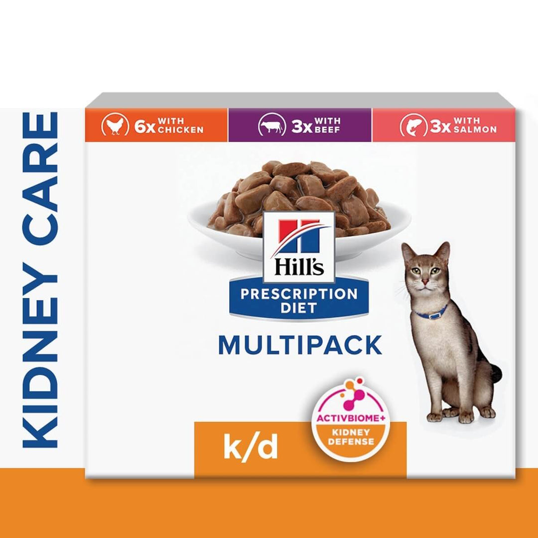 Hills Prescription Diet k/d Multipack cat food packaging on a white background