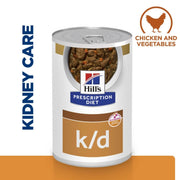 Hills Prescription Diet k/d can for kidney care with chicken and vegetables on a white background